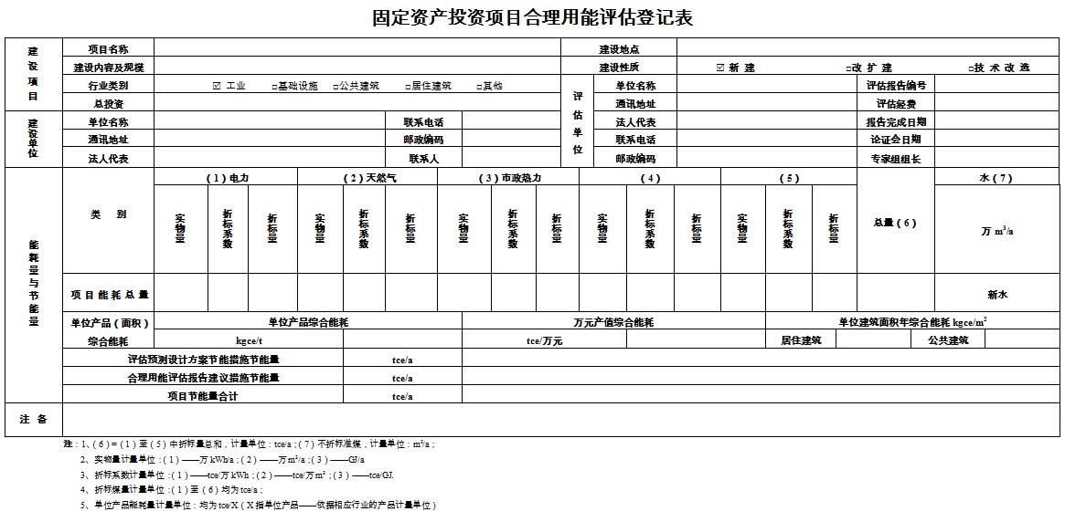 工业厂房项目合理用能评估登记表